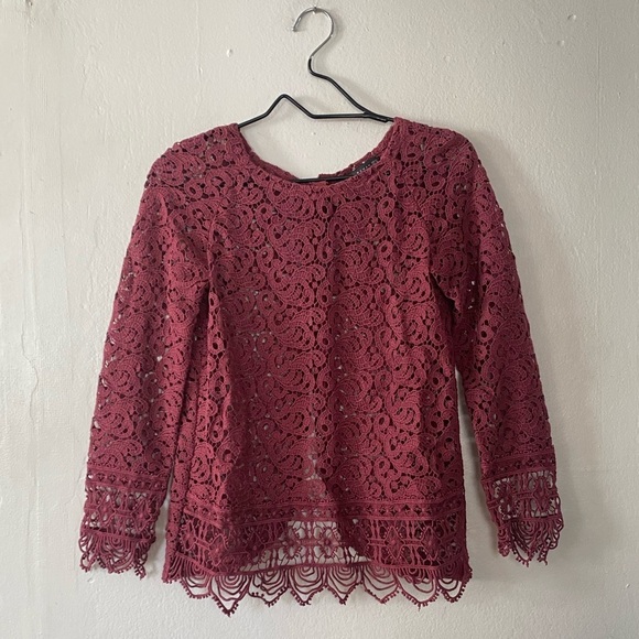Zara Crochet Lace Eyelet Blouse See Through Maroon Top Women’s Size XS - Picture 12 of 12